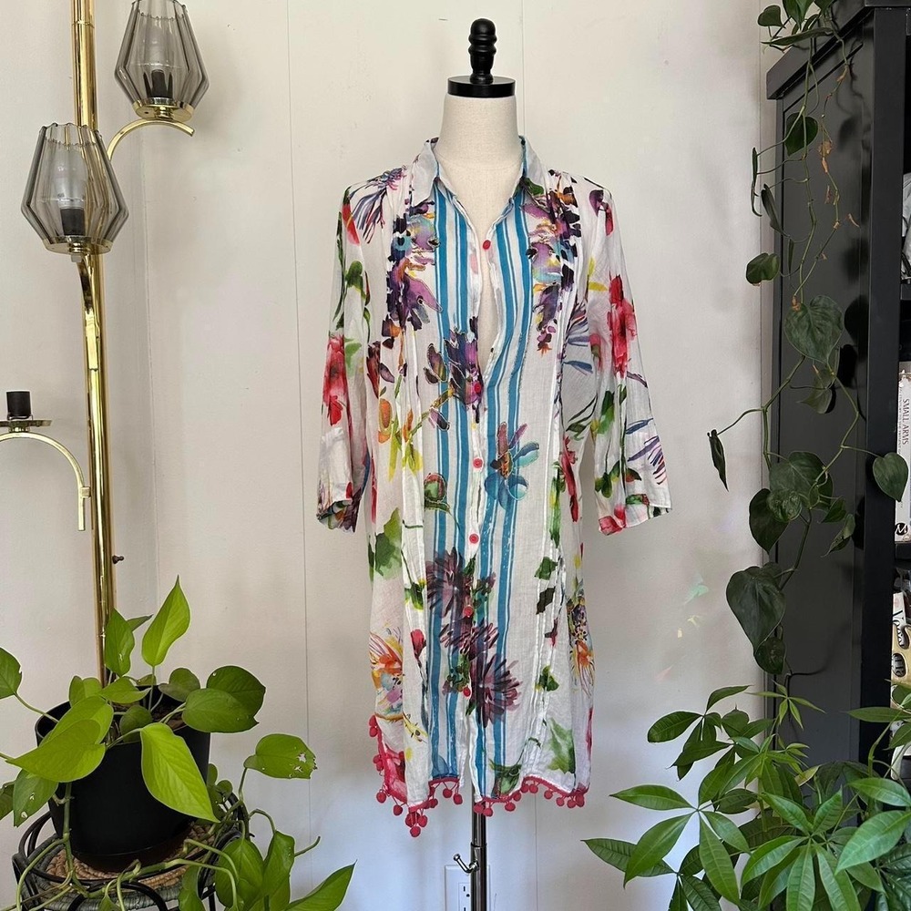Colori Mare Vintage Floral Pom Pom Cotton Cover Up Tunic Dress White Multi M/L